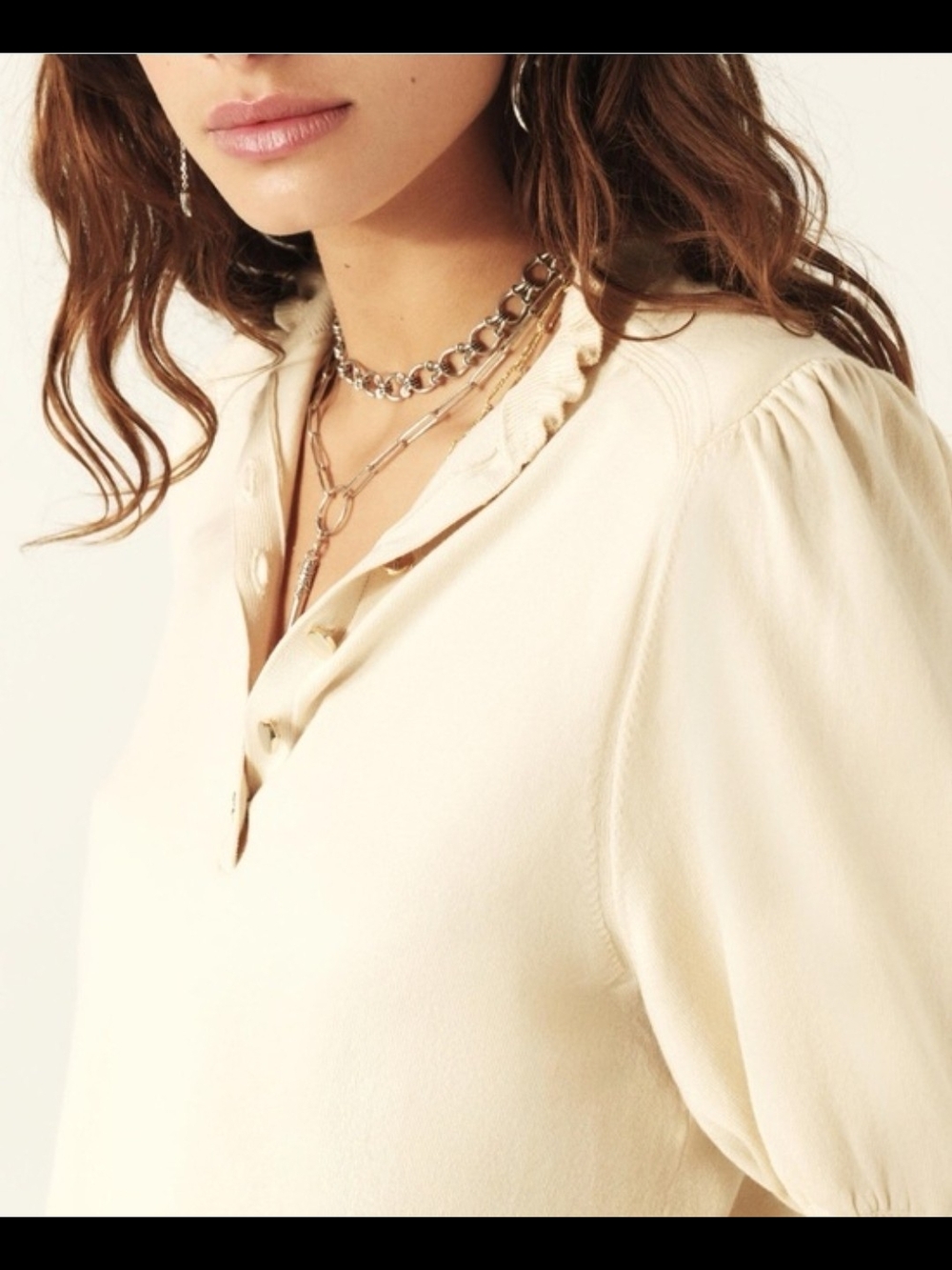 ba&sh Cream Ruffle Cuff Henley Top - Picture 3 of 9